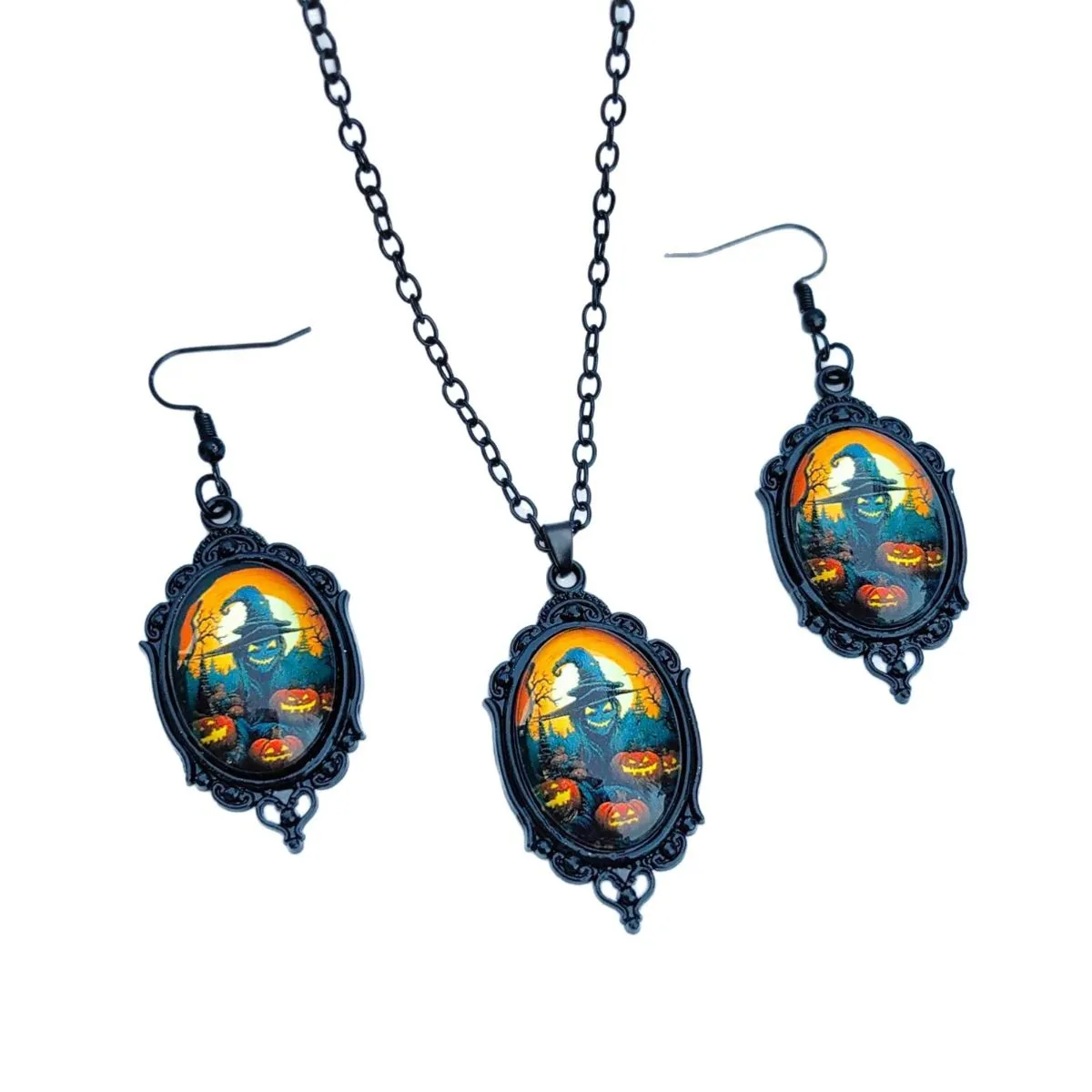 Halloween Jewelry Set – Vintage Glass Cabochon Necklace & Earrings, Spooky Pattern Pendant, Perfect Accessory for Halloween Party & Gift